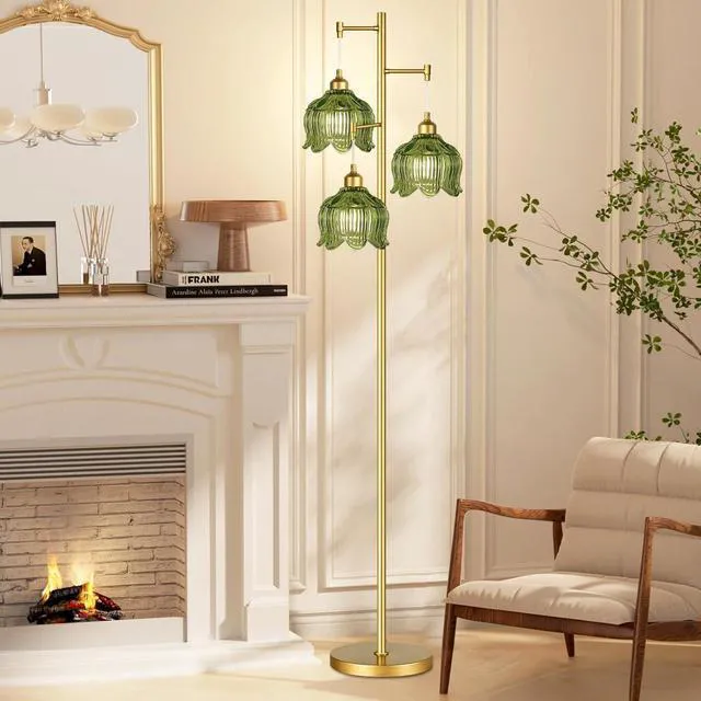 Alt view image 3 of 7 - Gold Floor Lamp for Living Room,Bedroom,Mid Century Modern Standing Lamp Brass Tree 3 Light Tall Floor Lamps Vintage Retro Floor Lights Glass Green Flower Lamp Shade Farmhouse Boho Bohemian