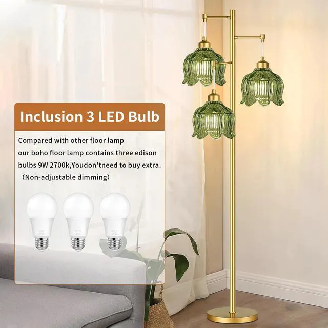 Alt view image 4 of 7 - Gold Floor Lamp for Living Room,Bedroom,Mid Century Modern Standing Lamp Brass Tree 3 Light Tall Floor Lamps Vintage Retro Floor Lights Glass Green Flower Lamp Shade Farmhouse Boho Bohemian