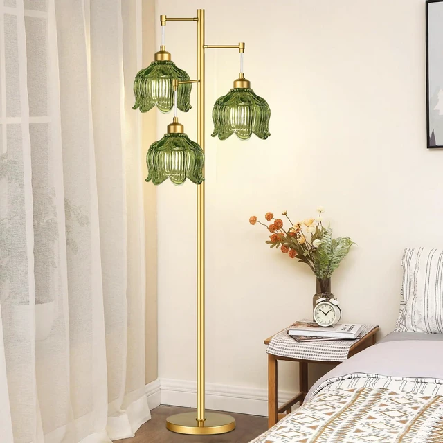 Alt view image 6 of 7 - Gold Floor Lamp for Living Room,Bedroom,Mid Century Modern Standing Lamp Brass Tree 3 Light Tall Floor Lamps Vintage Retro Floor Lights Glass Green Flower Lamp Shade Farmhouse Boho Bohemian