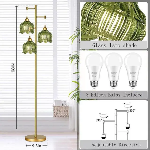 Alt view image 5 of 7 - Gold Floor Lamp for Living Room,Bedroom,Mid Century Modern Standing Lamp Brass Tree 3 Light Tall Floor Lamps Vintage Retro Floor Lights Glass Green Flower Lamp Shade Farmhouse Boho Bohemian