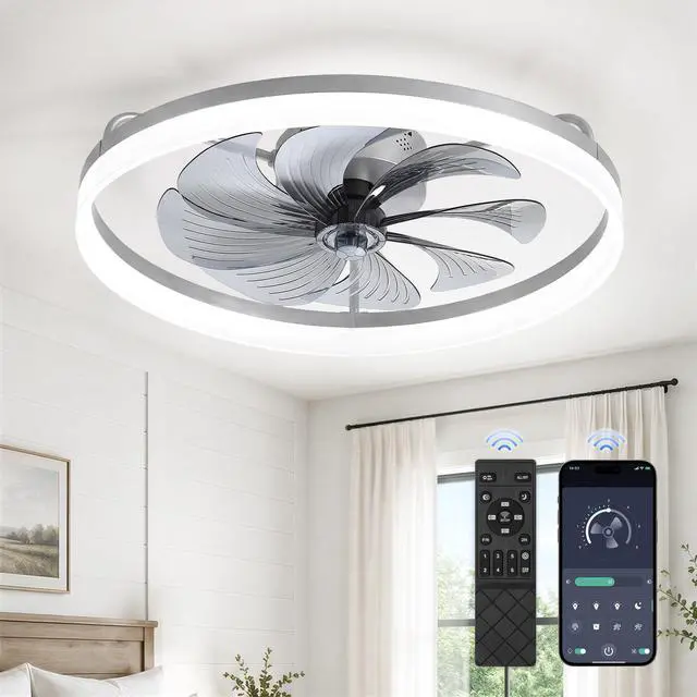 Main image of 23" Low Profile Ceiling Fans with Lights, APP & Remote, Grey Flush Mount, Dimmable LED, Quiet DC Motor, Reversible, 6 Speeds, Fandelier, for Bedroom