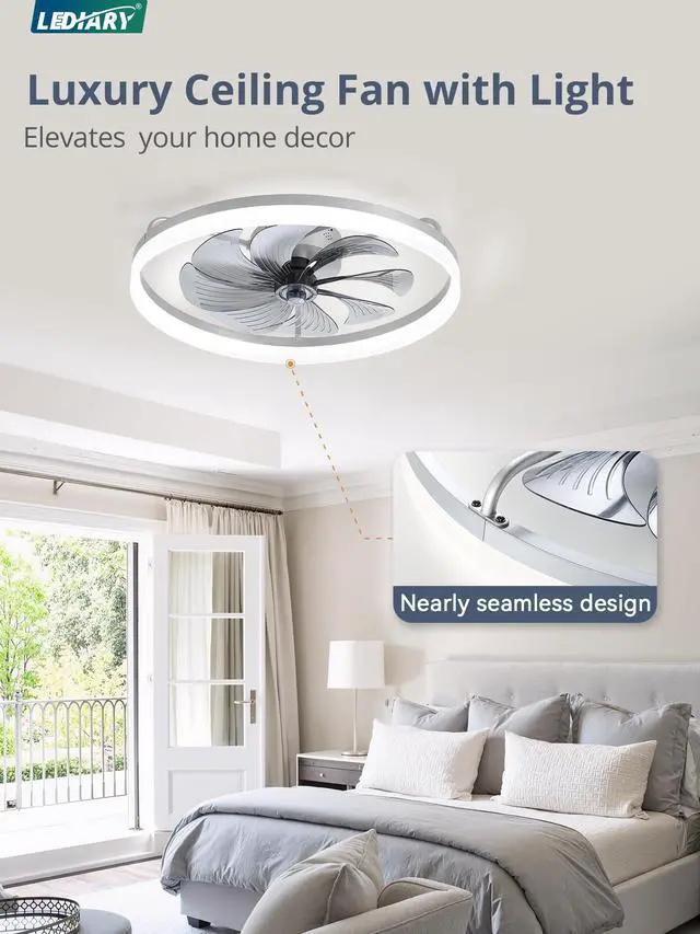 Alt view image 2 of 7 - 23" Low Profile Ceiling Fans with Lights, APP & Remote, Grey Flush Mount, Dimmable LED, Quiet DC Motor, Reversible, 6 Speeds, Fandelier, for Bedroom