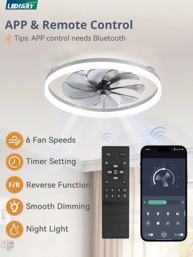 Alt view image 4 of 7 - 23" Low Profile Ceiling Fans with Lights, APP & Remote, Grey Flush Mount, Dimmable LED, Quiet DC Motor, Reversible, 6 Speeds, Fandelier, for Bedroom