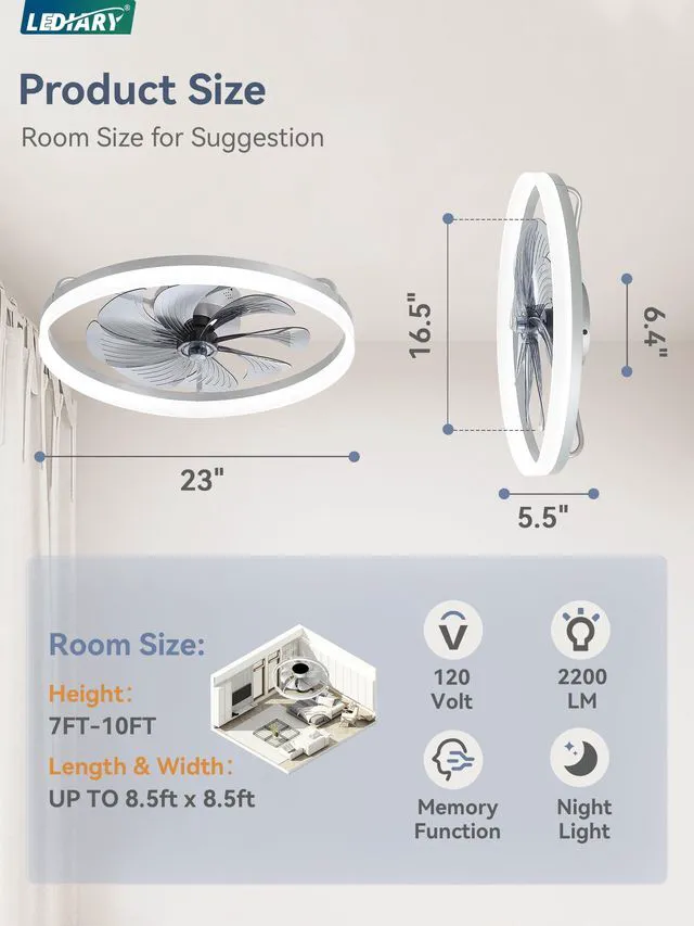 Alt view image 7 of 7 - 23" Low Profile Ceiling Fans with Lights, APP & Remote, Grey Flush Mount, Dimmable LED, Quiet DC Motor, Reversible, 6 Speeds, Fandelier, for Bedroom