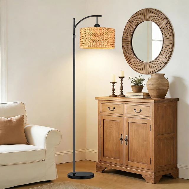 Alt view image 3 of 7 - Floor Lamp for Living Room Bedroom Farmhouse Arc Rattan Boho Standing Lamp with Remote Dimmable Black Wicker Bamboo Lamp Shade Floor Light Adjustable Tall Lamp Industrial Floor Lamps Bohemian