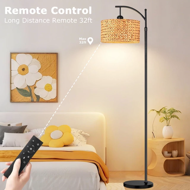 Alt view image 4 of 7 - Floor Lamp for Living Room Bedroom Farmhouse Arc Rattan Boho Standing Lamp with Remote Dimmable Black Wicker Bamboo Lamp Shade Floor Light Adjustable Tall Lamp Industrial Floor Lamps Bohemian