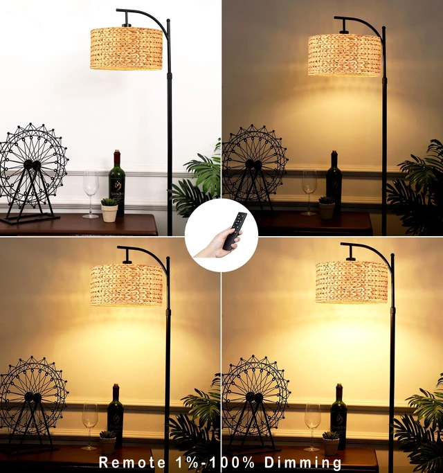 Alt view image 2 of 7 - Floor Lamp for Living Room Bedroom Farmhouse Arc Rattan Boho Standing Lamp with Remote Dimmable Black Wicker Bamboo Lamp Shade Floor Light Adjustable Tall Lamp Industrial Floor Lamps Bohemian