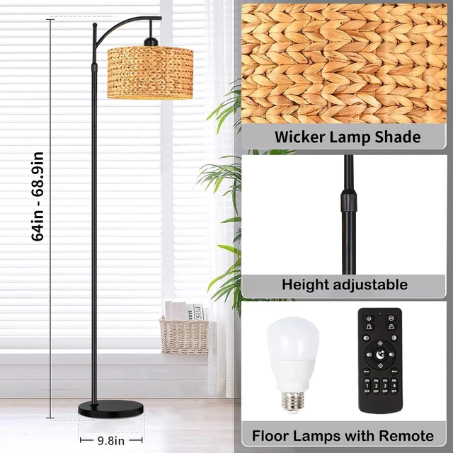 Alt view image 5 of 7 - Floor Lamp for Living Room Bedroom Farmhouse Arc Rattan Boho Standing Lamp with Remote Dimmable Black Wicker Bamboo Lamp Shade Floor Light Adjustable Tall Lamp Industrial Floor Lamps Bohemian