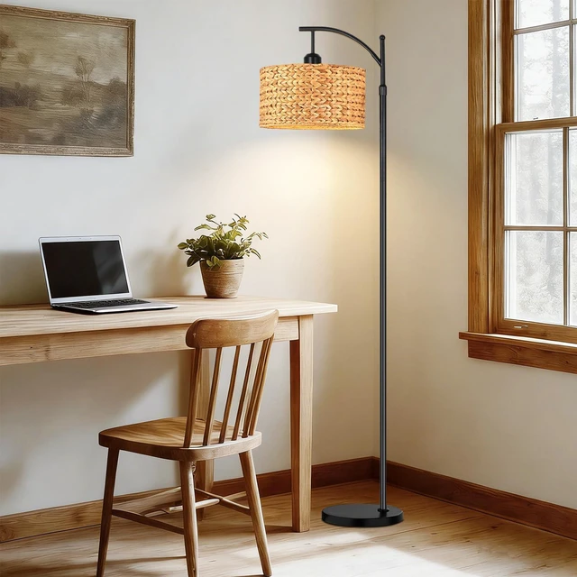Alt view image 6 of 7 - Floor Lamp for Living Room Bedroom Farmhouse Arc Rattan Boho Standing Lamp with Remote Dimmable Black Wicker Bamboo Lamp Shade Floor Light Adjustable Tall Lamp Industrial Floor Lamps Bohemian