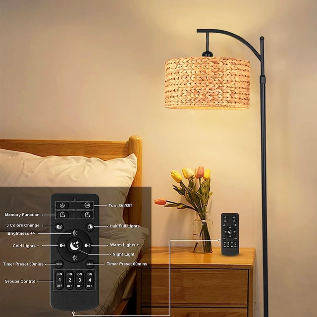 Alt view image 7 of 7 - Floor Lamp for Living Room Bedroom Farmhouse Arc Rattan Boho Standing Lamp with Remote Dimmable Black Wicker Bamboo Lamp Shade Floor Light Adjustable Tall Lamp Industrial Floor Lamps Bohemian