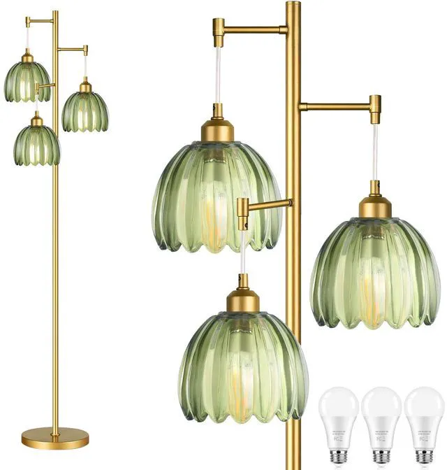 Main image of Gold Floor Lamp for Living Room,Bedroom,Mid Century Modern Standing Lamp Brass Tree 3 Light Tall Floor Lamps Vintage Retro Floor Lights Glass Green Flower Lamp Shade Farmhouse Boho Bohemian