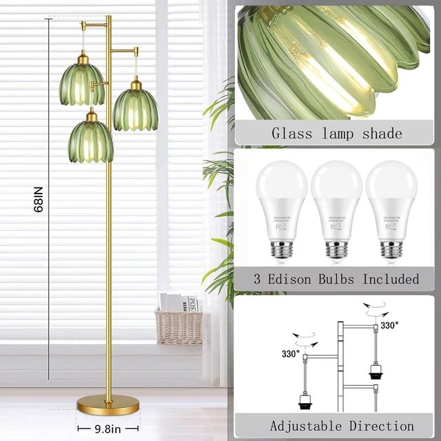 Alt view image 5 of 7 - Gold Floor Lamp for Living Room,Bedroom,Mid Century Modern Standing Lamp Brass Tree 3 Light Tall Floor Lamps Vintage Retro Floor Lights Glass Green Flower Lamp Shade Farmhouse Boho Bohemian