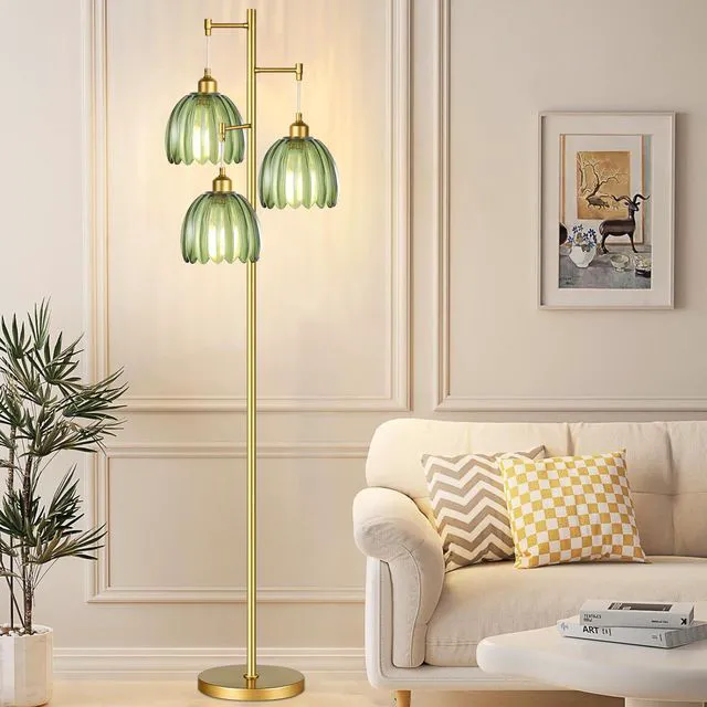 Alt view image 3 of 7 - Gold Floor Lamp for Living Room,Bedroom,Mid Century Modern Standing Lamp Brass Tree 3 Light Tall Floor Lamps Vintage Retro Floor Lights Glass Green Flower Lamp Shade Farmhouse Boho Bohemian