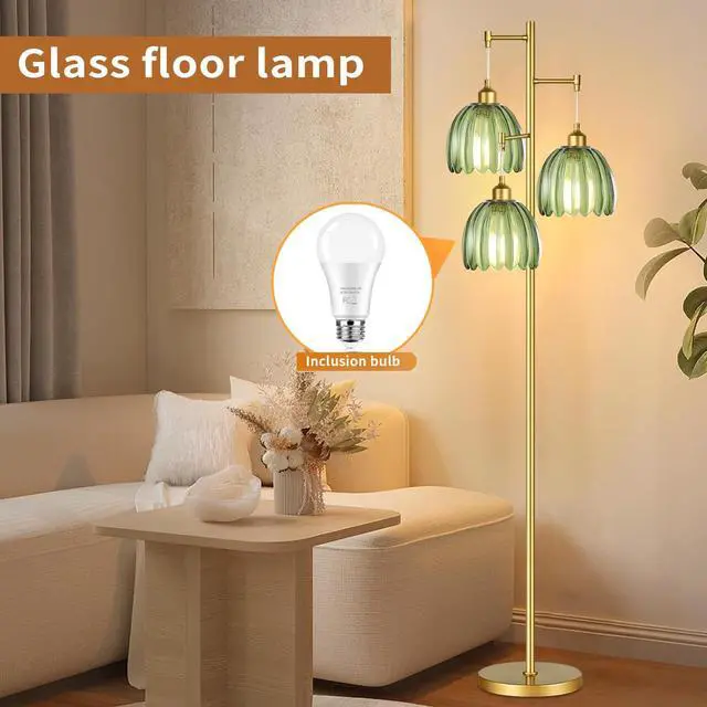 Alt view image 4 of 7 - Gold Floor Lamp for Living Room,Bedroom,Mid Century Modern Standing Lamp Brass Tree 3 Light Tall Floor Lamps Vintage Retro Floor Lights Glass Green Flower Lamp Shade Farmhouse Boho Bohemian