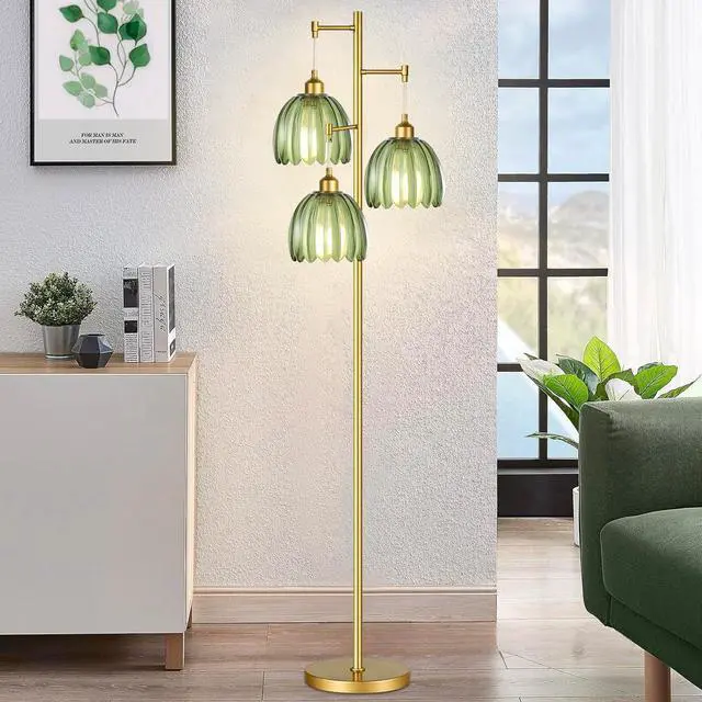 Alt view image 6 of 7 - Gold Floor Lamp for Living Room,Bedroom,Mid Century Modern Standing Lamp Brass Tree 3 Light Tall Floor Lamps Vintage Retro Floor Lights Glass Green Flower Lamp Shade Farmhouse Boho Bohemian