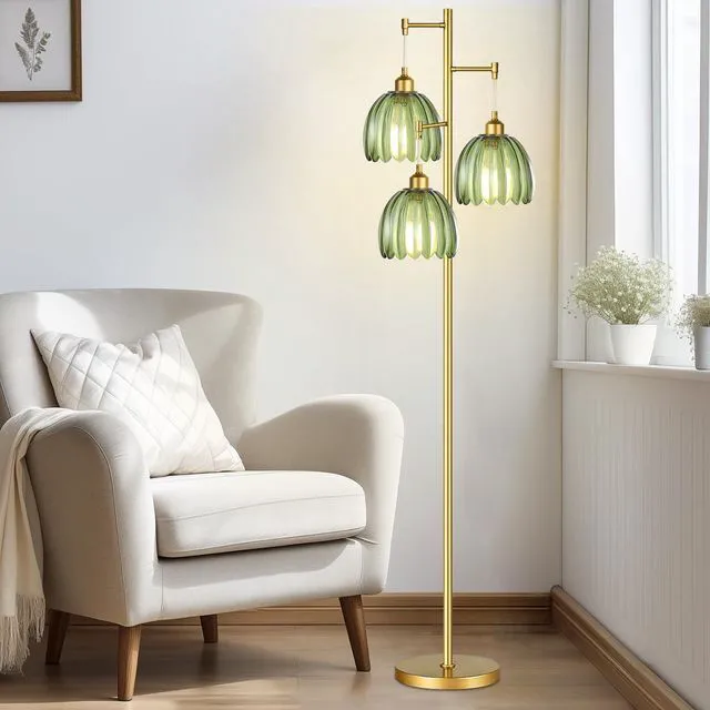 Alt view image 7 of 7 - Gold Floor Lamp for Living Room,Bedroom,Mid Century Modern Standing Lamp Brass Tree 3 Light Tall Floor Lamps Vintage Retro Floor Lights Glass Green Flower Lamp Shade Farmhouse Boho Bohemian