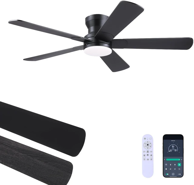 Main image of 52" Black Ceiling Fans with Lights- Flush Mount Fan Light with 5 Reversible Blades, 3CCT Dimmable, DC, Low Profile Ceiling Fan for Modern Indoor, Covered Outdoor