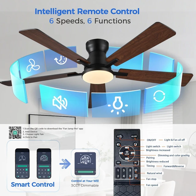 Alt view image 5 of 7 - Ceiling Fans with Lights,52 Inch Low Profile Ceiling Fan with Light-Flush Mount Dimmable, Quiet DC Motor for Outdoor Patio,Garage,Bedroom Brown
