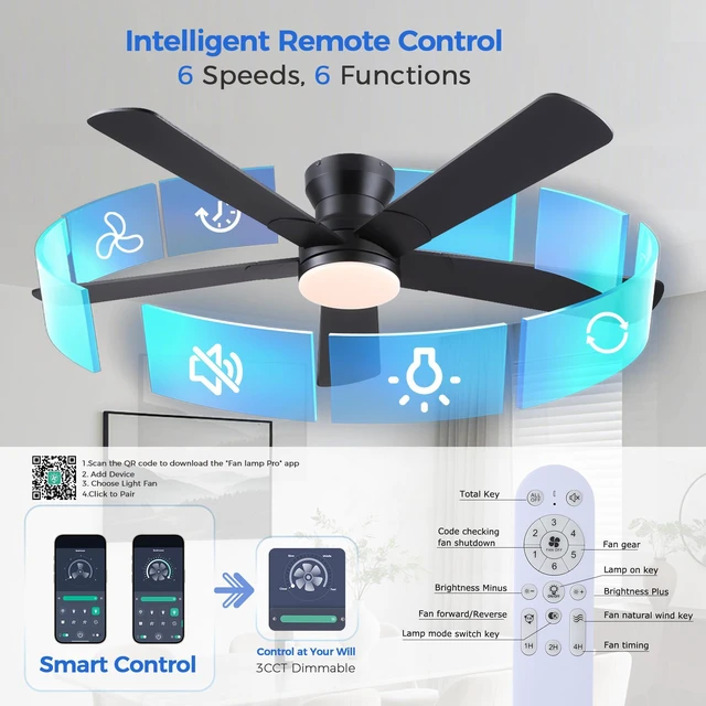 Alt view image 3 of 7 - 52" Black Ceiling Fans with Lights- Flush Mount Fan Light with 5 Reversible Blades, 3CCT Dimmable, DC, Low Profile Ceiling Fan for Modern Indoor, Covered Outdoor