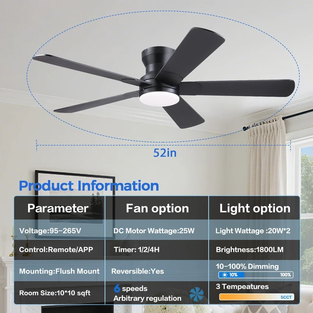 Alt view image 4 of 7 - 52" Black Ceiling Fans with Lights- Flush Mount Fan Light with 5 Reversible Blades, 3CCT Dimmable, DC, Low Profile Ceiling Fan for Modern Indoor, Covered Outdoor