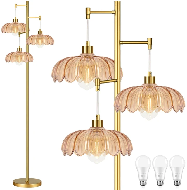 Main image of Glass Floor Lamp for Living Room,Bedroom,Gold Mid Century Modern Standing Lamp Brass Tree 3 Light Tall Floor Lamps Vintage Retro Floor Lights Flower Lamp Shade Farmhouse Boho Bohemian