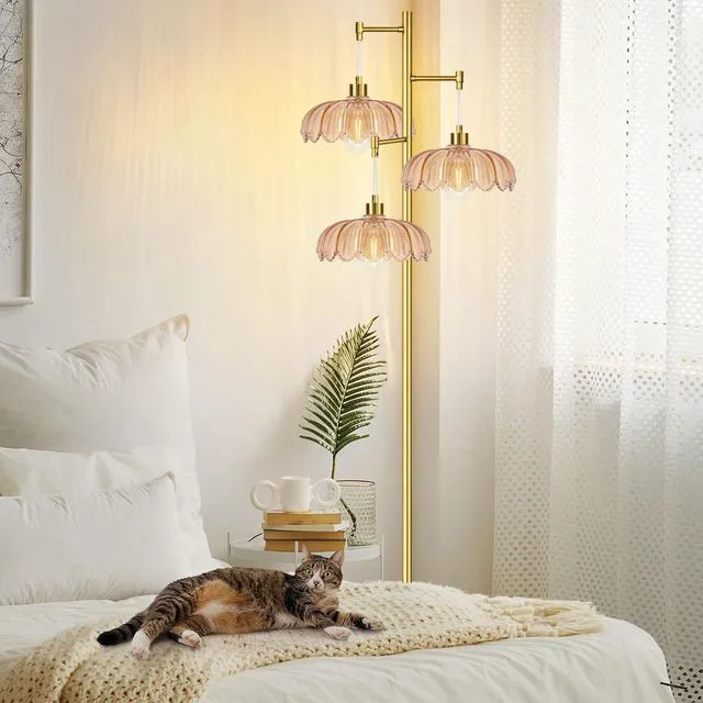 Alt view image 2 of 7 - Glass Floor Lamp for Living Room,Bedroom,Gold Mid Century Modern Standing Lamp Brass Tree 3 Light Tall Floor Lamps Vintage Retro Floor Lights Flower Lamp Shade Farmhouse Boho Bohemian
