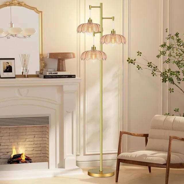 Alt view image 3 of 7 - Glass Floor Lamp for Living Room,Bedroom,Gold Mid Century Modern Standing Lamp Brass Tree 3 Light Tall Floor Lamps Vintage Retro Floor Lights Flower Lamp Shade Farmhouse Boho Bohemian
