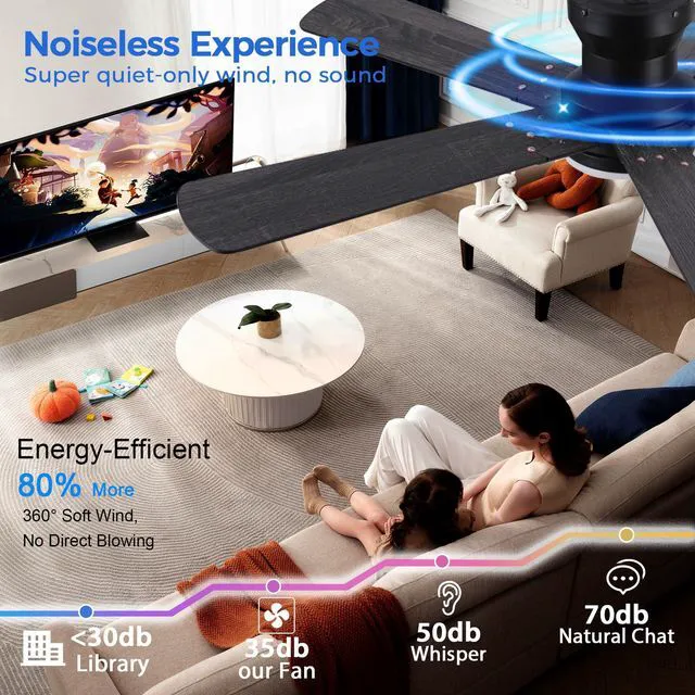 Alt view image 5 of 7 - 52" Black Ceiling Fans with Lights- Flush Mount Fan Light with 5 Reversible Blades, 3CCT Dimmable, DC, Low Profile Ceiling Fan for Modern Indoor, Covered Outdoor