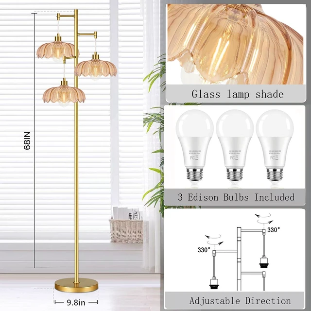 Alt view image 4 of 7 - Glass Floor Lamp for Living Room,Bedroom,Gold Mid Century Modern Standing Lamp Brass Tree 3 Light Tall Floor Lamps Vintage Retro Floor Lights Flower Lamp Shade Farmhouse Boho Bohemian