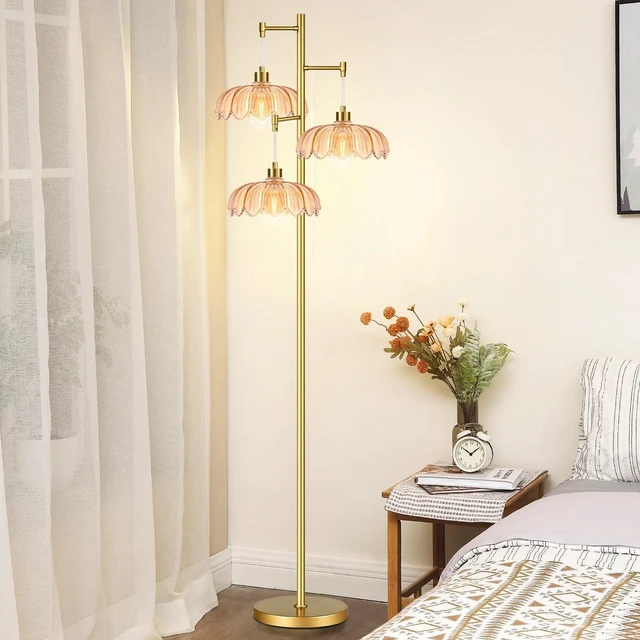 Alt view image 6 of 7 - Glass Floor Lamp for Living Room,Bedroom,Gold Mid Century Modern Standing Lamp Brass Tree 3 Light Tall Floor Lamps Vintage Retro Floor Lights Flower Lamp Shade Farmhouse Boho Bohemian