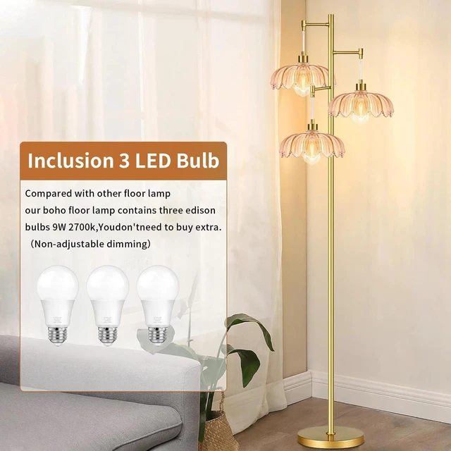 Alt view image 5 of 7 - Glass Floor Lamp for Living Room,Bedroom,Gold Mid Century Modern Standing Lamp Brass Tree 3 Light Tall Floor Lamps Vintage Retro Floor Lights Flower Lamp Shade Farmhouse Boho Bohemian