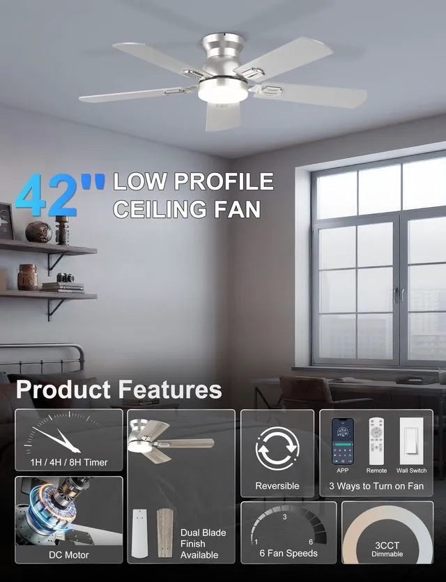 Alt view image 2 of 7 - 42'' Silver Low Profile Ceiling Fan with Lights for Kids Room App/Remote Control, Flush Mount, Space-Saving, Quiet DC Motor, 3CCT Dimmable, 6 Speeds Modern Overhead Fan for Low Ceilings