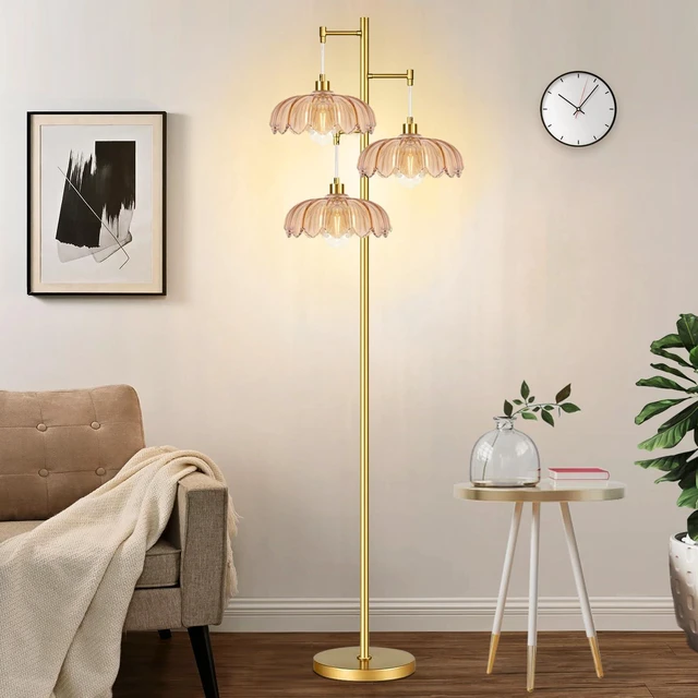 Alt view image 7 of 7 - Glass Floor Lamp for Living Room,Bedroom,Gold Mid Century Modern Standing Lamp Brass Tree 3 Light Tall Floor Lamps Vintage Retro Floor Lights Flower Lamp Shade Farmhouse Boho Bohemian