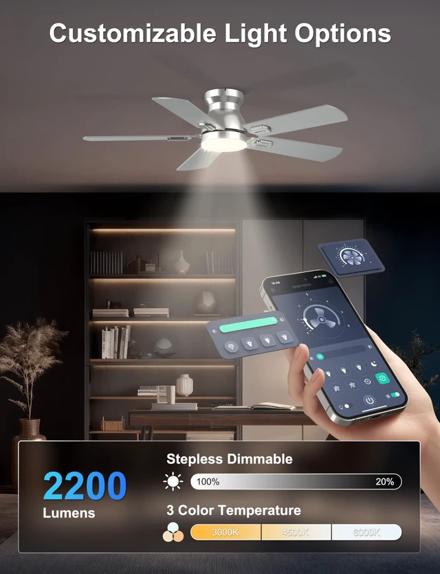 Alt view image 4 of 7 - 42'' Silver Low Profile Ceiling Fan with Lights for Kids Room App/Remote Control, Flush Mount, Space-Saving, Quiet DC Motor, 3CCT Dimmable, 6 Speeds Modern Overhead Fan for Low Ceilings
