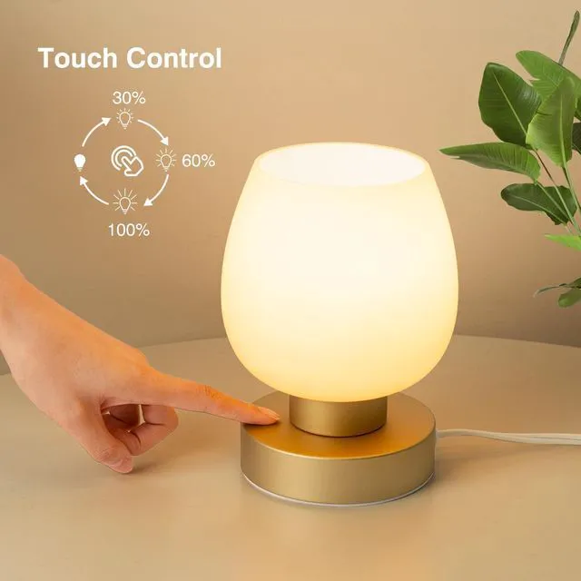Alt view image 2 of 6 - Touch Bedside Table Lamp Set of 2 - Small Modern Table Lamp for Bedroom Living Room Nightstand, 3-Way Dimable Desk lamp with Desert Titanium Color Glass Lamp Shade, 2700K LED Bulb, Simple Design