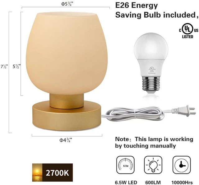 Alt view image 6 of 6 - Touch Bedside Table Lamp Set of 2 - Small Modern Table Lamp for Bedroom Living Room Nightstand, 3-Way Dimable Desk lamp with Desert Titanium Color Glass Lamp Shade, 2700K LED Bulb, Simple Design