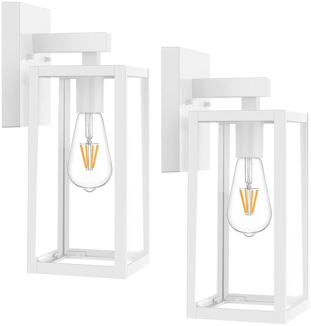Main image of Outdoor Wall Light Fixtures, Exterior Waterproof Wall Lanterns Large White Porch Wall Lights, Anti-Rust, E26 Socket, Clear Glass Outside Wall Mount Sconces, Front Door Lighting, 2 Pack