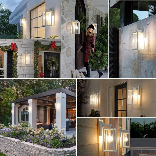 Alt view image 6 of 7 - Outdoor Wall Light Fixtures, Exterior Waterproof Wall Lanterns Large White Porch Wall Lights, Anti-Rust, E26 Socket, Clear Glass Outside Wall Mount Sconces, Front Door Lighting, 2 Pack