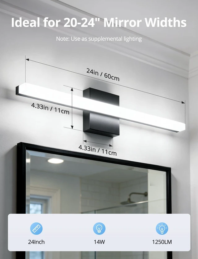 Alt view image 6 of 7 - Black Vanity Lights Over Mirror, LED Modern Bathroom Wall Lamps 24 Inch Long, Soft Shadow Free, Linear Light Bar for Restroom, IP44 Rustproof, Lámparas Para Baños, Cool White 6000K, 2 Pack