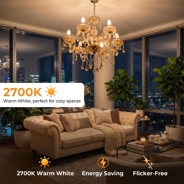 Alt view image 3 of 7 - 48 Pack, E12 Candelabra Bulb, B10 Candle LED Bulbs, 2700K Warm White 40 Watt Equivalent Candelabra Light Bulbs, E12 LED Bulb, Non-Dimmable B10 Candle LED Bulbs, 90+CRI Clear Glass, 400 Lumens