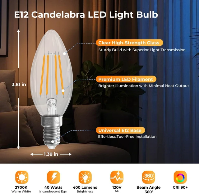 Alt view image 2 of 7 - 48 Pack, E12 Candelabra Bulb, B10 Candle LED Bulbs, 2700K Warm White 40 Watt Equivalent Candelabra Light Bulbs, E12 LED Bulb, Non-Dimmable B10 Candle LED Bulbs, 90+CRI Clear Glass, 400 Lumens