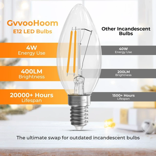 Alt view image 4 of 7 - 48 Pack, E12 Candelabra Bulb, B10 Candle LED Bulbs, 2700K Warm White 40 Watt Equivalent Candelabra Light Bulbs, E12 LED Bulb, Non-Dimmable B10 Candle LED Bulbs, 90+CRI Clear Glass, 400 Lumens