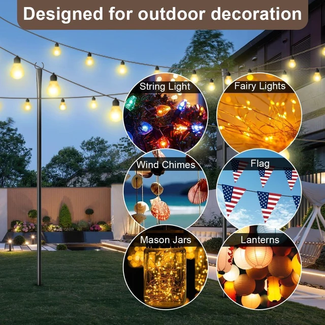 Alt view image 5 of 7 - All Pack String Light Poles for Outdoor,Metal Light Hanging Pole Outside with Fork,Light Stand for Patio, Pergola, Garden, Backyard, Yard, Camping Party (8 Pack)