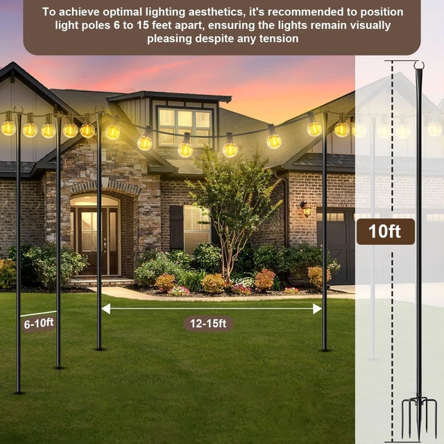 Alt view image 7 of 7 - All Pack String Light Poles for Outdoor,Metal Light Hanging Pole Outside with Fork,Light Stand for Patio, Pergola, Garden, Backyard, Yard, Camping Party (8 Pack)