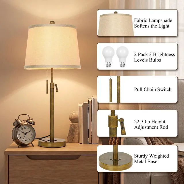 Alt view image 4 of 7 - Antique Bronze Table Lamps Set of 2 Adjustable Height 22" to 30"Tall 3 Brightness Way Bedside Nightstand with Pull Chain Switch Pole Lights for Living Room Guest Bedroom End Table(Bulbs Included)