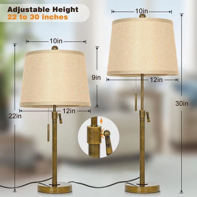 Alt view image 2 of 7 - Antique Bronze Table Lamps Set of 2 Adjustable Height 22" to 30"Tall 3 Brightness Way Bedside Nightstand with Pull Chain Switch Pole Lights for Living Room Guest Bedroom End Table(Bulbs Included)