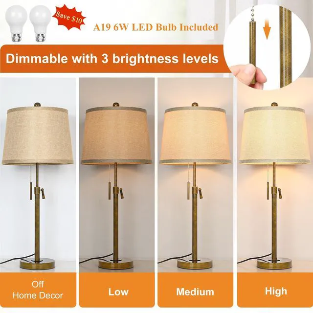 Alt view image 3 of 7 - Antique Bronze Table Lamps Set of 2 Adjustable Height 22" to 30"Tall 3 Brightness Way Bedside Nightstand with Pull Chain Switch Pole Lights for Living Room Guest Bedroom End Table(Bulbs Included)