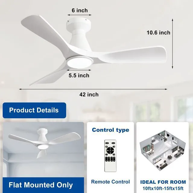 Alt view image 5 of 7 - 42-Inch Ceiling Fans with Lights: White 3 Blade Flush Mount Low Profile Ceiling Fan for Bedroom - Dimmable Indoor Outdoor Fan with Remote Control Ultra Quiet DC Motor Timer