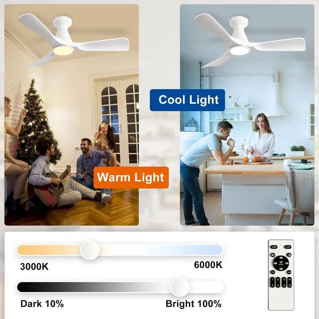 Alt view image 7 of 7 - 42-Inch Ceiling Fans with Lights: White 3 Blade Flush Mount Low Profile Ceiling Fan for Bedroom - Dimmable Indoor Outdoor Fan with Remote Control Ultra Quiet DC Motor Timer