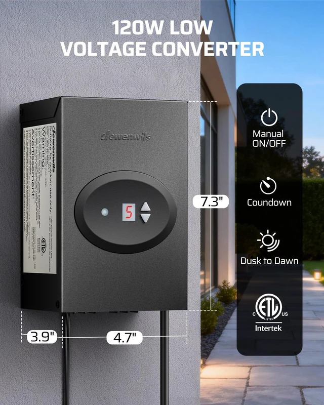 Alt view image 7 of 7 - 120W Low Voltage Landscape Transformer Timer and Photocell Sensor, 120V AC to 12V AC, Weatherproof Outdoor Transformer for Spotlight, Pathway Light, ETL Listed